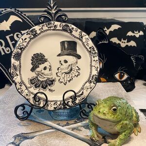 Gothic Victorian Skeleton Couple Plate Black White, Floral, Elegant Ruffle edges